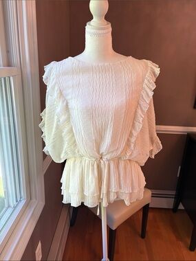 Express Cream Ruffle Peplum Tie-Waist Blouse